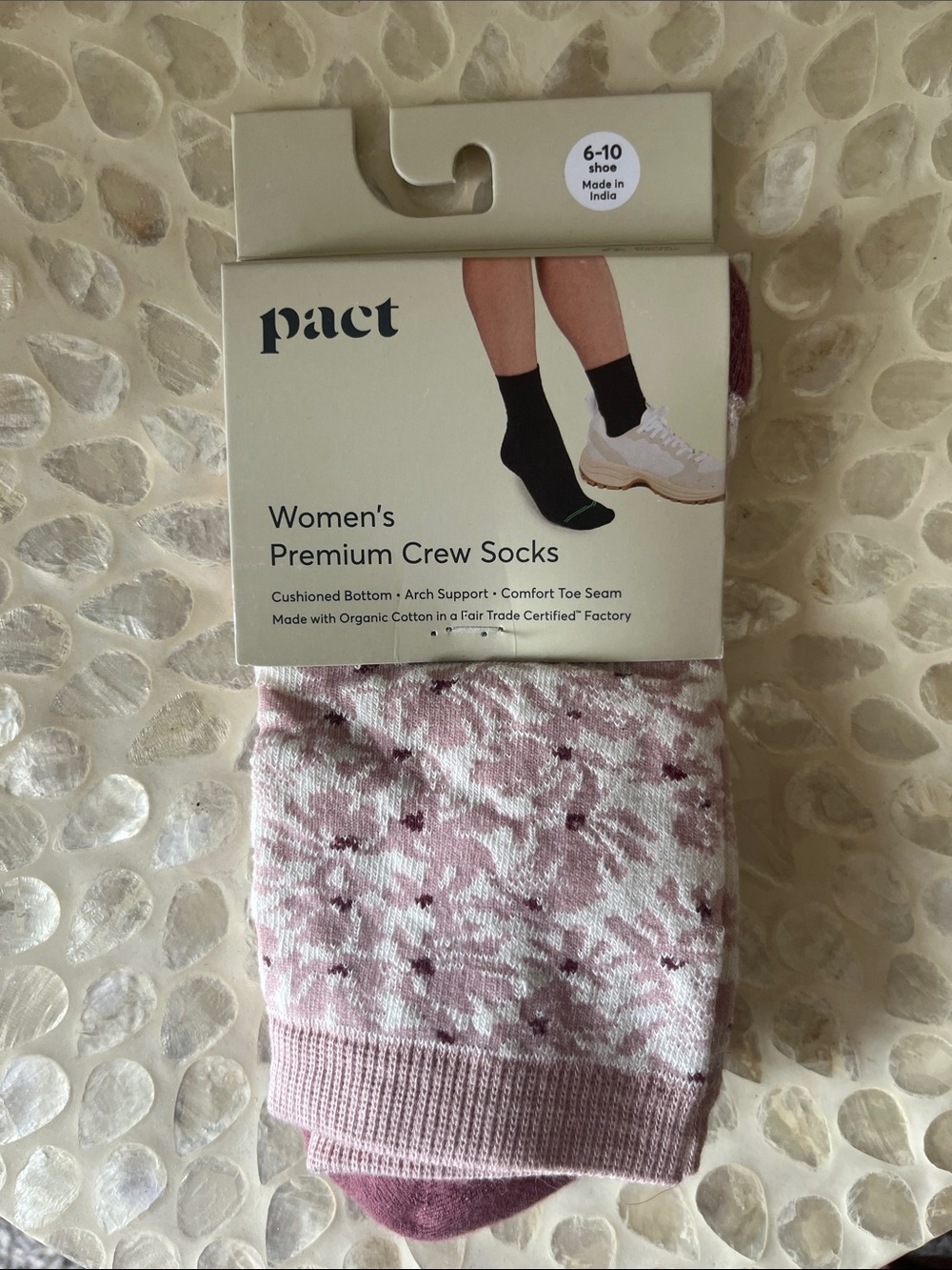 Pact Women's Pink & White Patterned Crew Socks